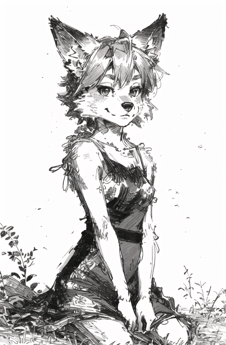 00101-4078778064-black background,ultra detailed(sketch_1.2),graphite,(monocolour_1.3), solo,on grass, _furry fox girl,animal ear,dress,park, loo.png